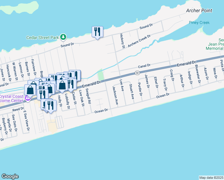 map of restaurants, bars, coffee shops, grocery stores, and more near 117 Jackson Avenue in Emerald Isle