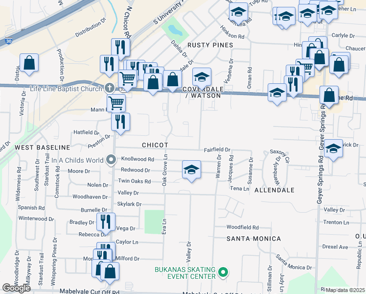 map of restaurants, bars, coffee shops, grocery stores, and more near 7017 Fairfield Drive in Little Rock