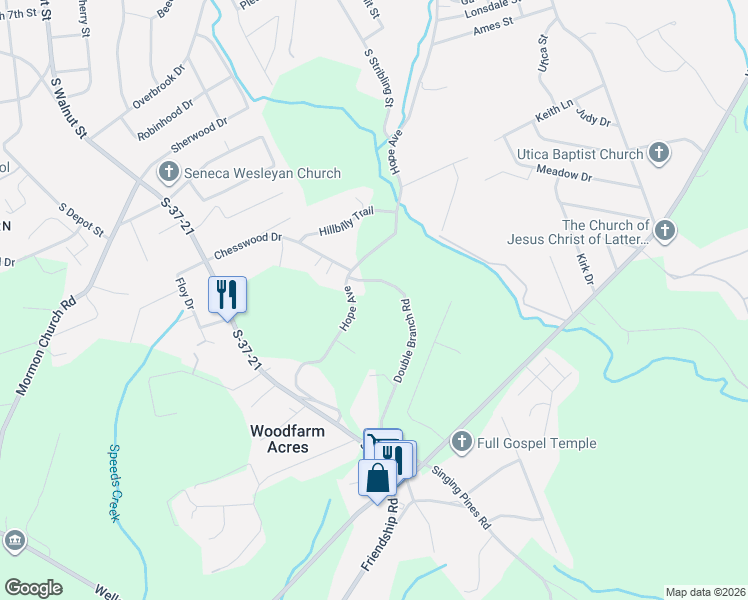 map of restaurants, bars, coffee shops, grocery stores, and more near 104 Double Branch Road in Seneca