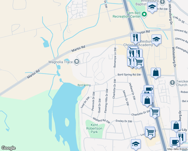 map of restaurants, bars, coffee shops, grocery stores, and more near 2060 Greenwood Place Southwest in Huntsville