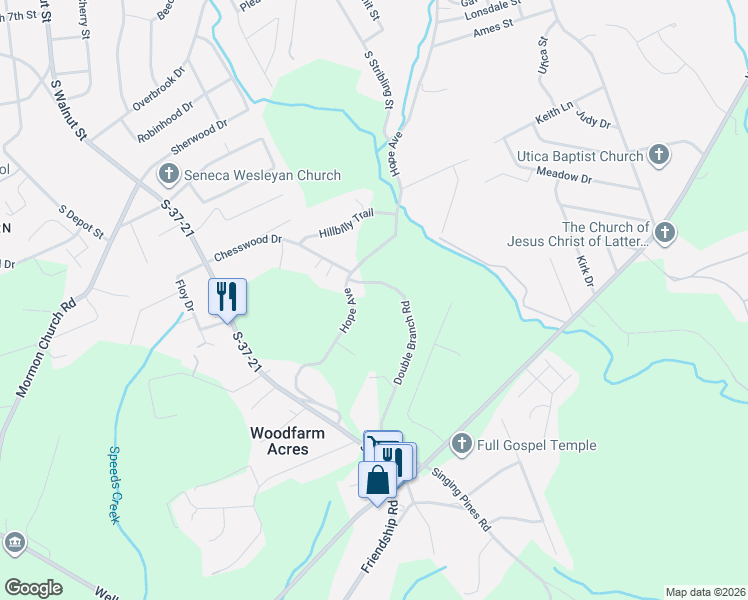 map of restaurants, bars, coffee shops, grocery stores, and more near 104 Double Branch Road in Seneca