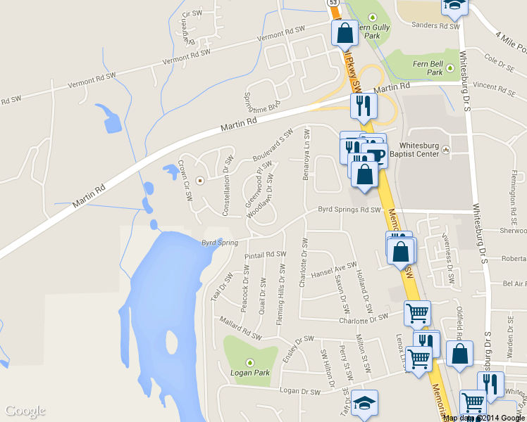 map of restaurants, bars, coffee shops, grocery stores, and more near 3013 Live Oak Lane Southwest in Huntsville