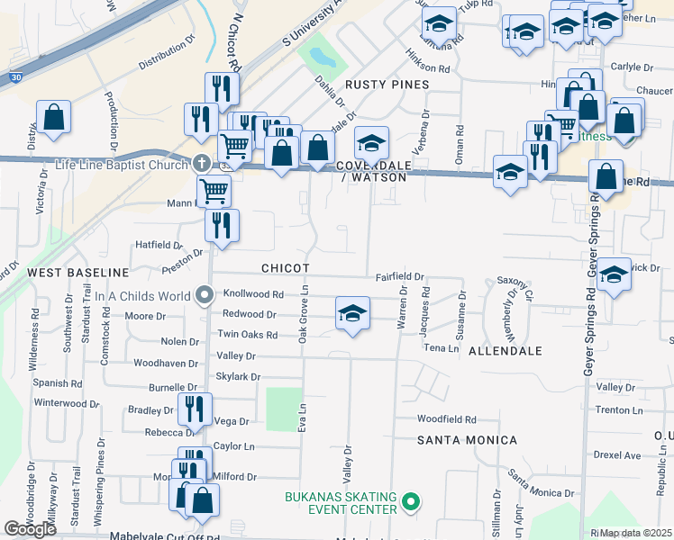 map of restaurants, bars, coffee shops, grocery stores, and more near 7017 Fairfield Drive in Little Rock