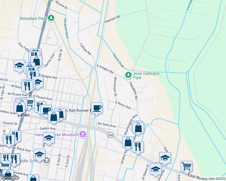 map of restaurants, bars, coffee shops, grocery stores, and more near 617 Wisconsin Street in Belen