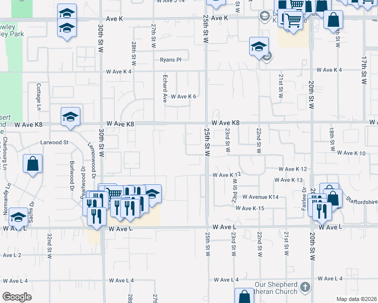 map of restaurants, bars, coffee shops, grocery stores, and more near 2541 Mildwood Court in Lancaster