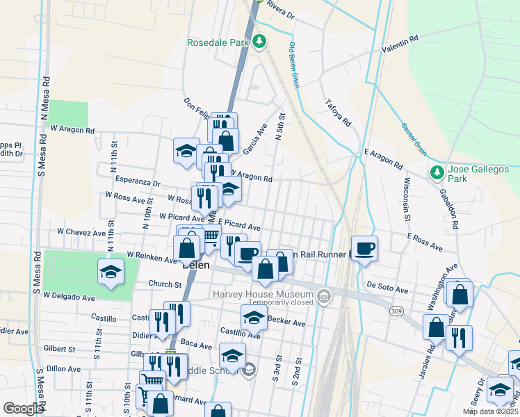 map of restaurants, bars, coffee shops, grocery stores, and more near 505 West Ross Avenue in Belen