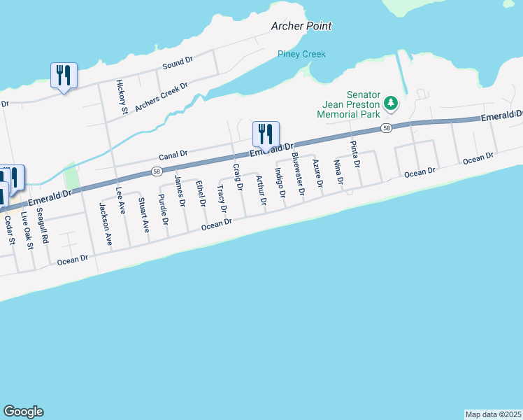 map of restaurants, bars, coffee shops, grocery stores, and more near 7118 Ocean Drive in Emerald Isle