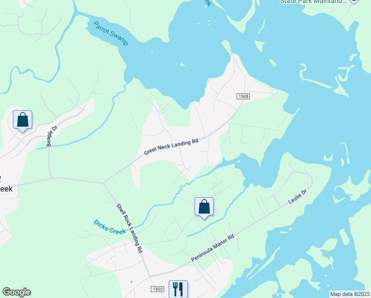 map of restaurants, bars, coffee shops, grocery stores, and more near 366 Great Neck Landing Road in Hubert