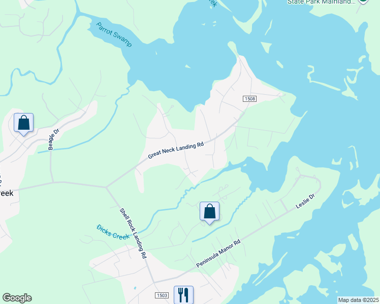 map of restaurants, bars, coffee shops, grocery stores, and more near 366 Great Neck Landing Road in Hubert