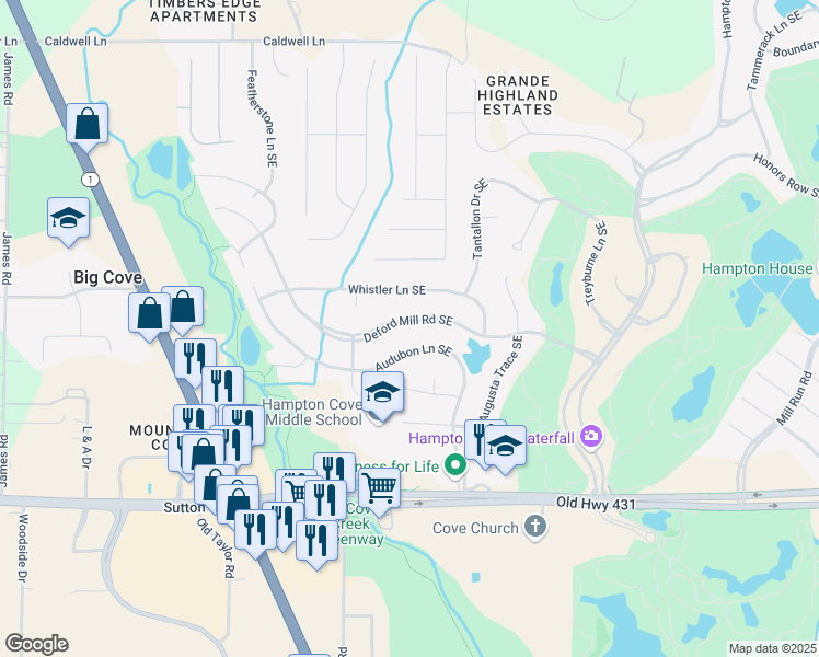 map of restaurants, bars, coffee shops, grocery stores, and more near 2746 Deford Mill Road Southeast in Owens Cross Roads