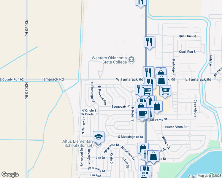 map of restaurants, bars, coffee shops, grocery stores, and more near 2402 North Seminole Circle in Altus