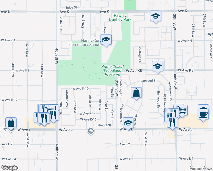 map of restaurants, bars, coffee shops, grocery stores, and more near 3599 West Avenue K 10 in Lancaster