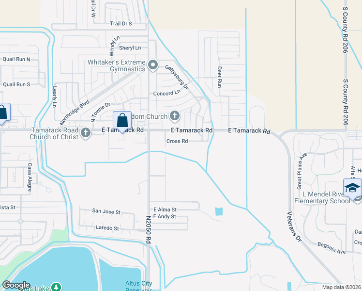 map of restaurants, bars, coffee shops, grocery stores, and more near 1530 Cross Road in Altus