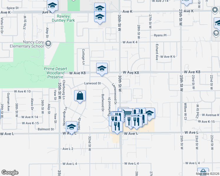 map of restaurants, bars, coffee shops, grocery stores, and more near 43030 Pearlwood Drive in Lancaster