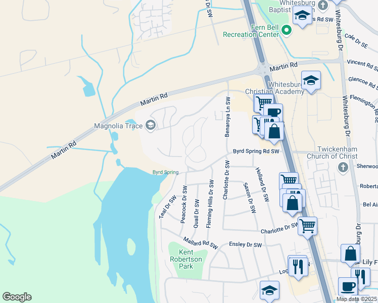 map of restaurants, bars, coffee shops, grocery stores, and more near 2137 Belle Grove Drive Southwest in Huntsville