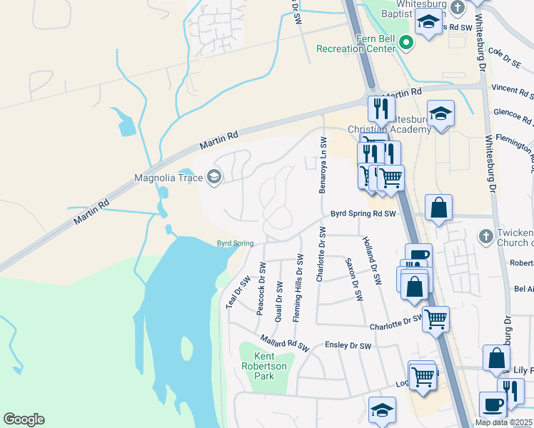 map of restaurants, bars, coffee shops, grocery stores, and more near 3013 Live Oak Lane Southwest in Huntsville