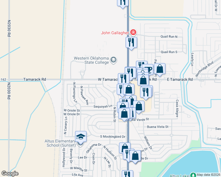 map of restaurants, bars, coffee shops, grocery stores, and more near 2412 North Robin Street in Altus