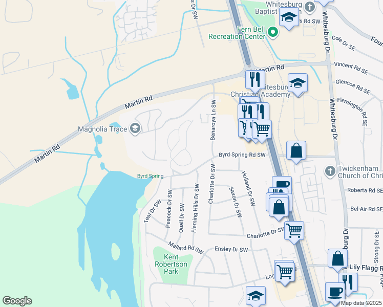 map of restaurants, bars, coffee shops, grocery stores, and more near 7720 Benaroya Lane Southwest in Huntsville