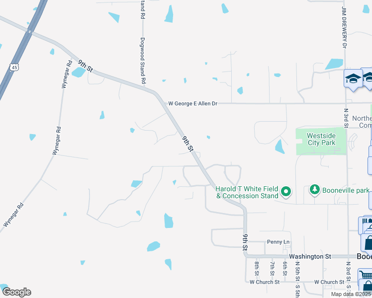 map of restaurants, bars, coffee shops, grocery stores, and more near 101 Cedarwood Cove in Booneville
