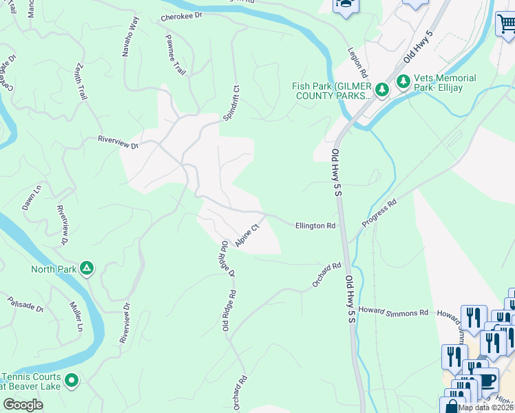 map of restaurants, bars, coffee shops, grocery stores, and more near 196 Ellington Road in Ellijay