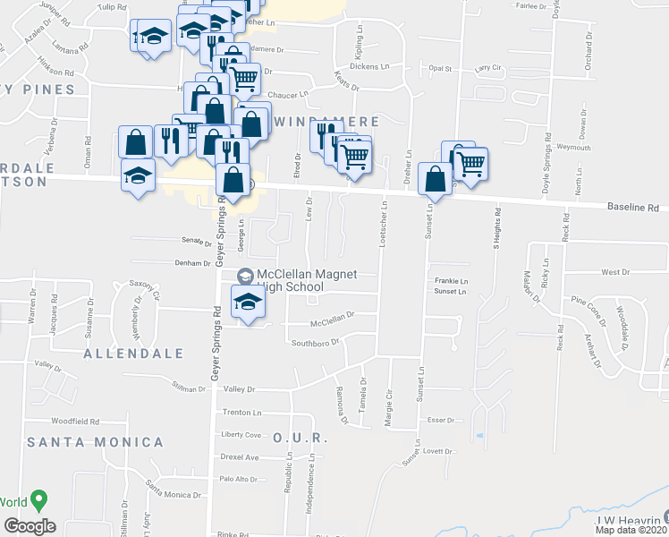 map of restaurants, bars, coffee shops, grocery stores, and more near 5316 Stanley Drive in Little Rock
