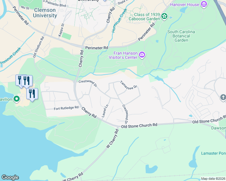 map of restaurants, bars, coffee shops, grocery stores, and more near 323 Tamassee Drive in Clemson