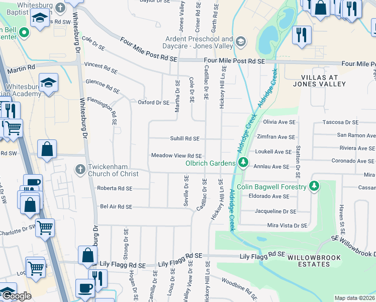 map of restaurants, bars, coffee shops, grocery stores, and more near 413 Meadow View Road Southeast in Huntsville