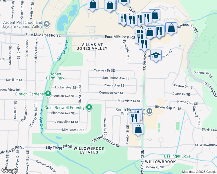 map of restaurants, bars, coffee shops, grocery stores, and more near 916 Riviera Avenue Southeast in Huntsville