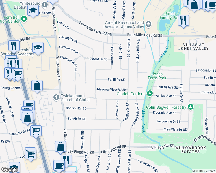 map of restaurants, bars, coffee shops, grocery stores, and more near 511 Suhill Road Southeast in Huntsville