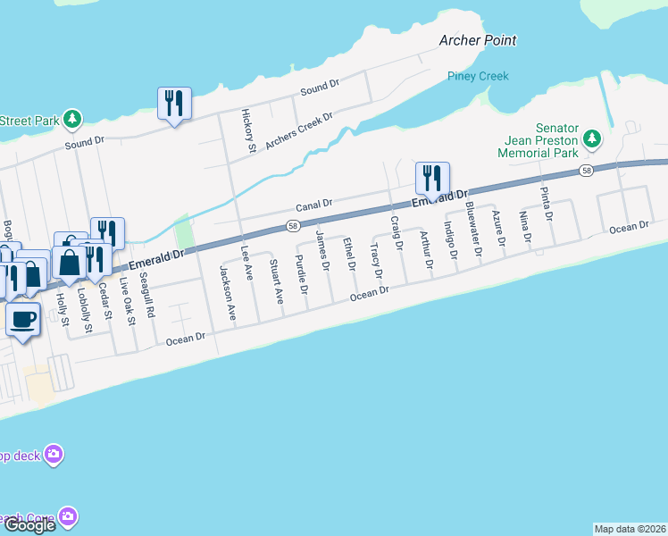 map of restaurants, bars, coffee shops, grocery stores, and more near 119 James Drive in Emerald Isle