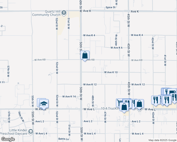 map of restaurants, bars, coffee shops, grocery stores, and more near 4833 West Avenue K 10 in Lancaster