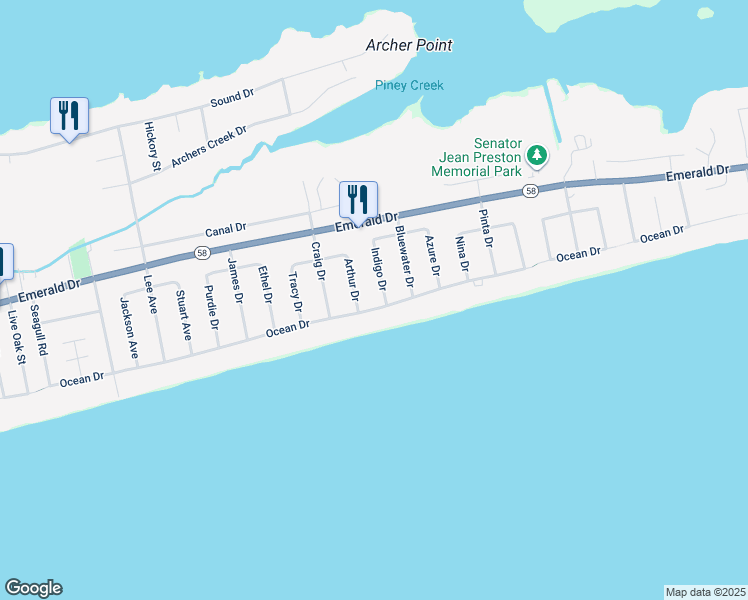 map of restaurants, bars, coffee shops, grocery stores, and more near 7024 Ocean Drive in Emerald Isle
