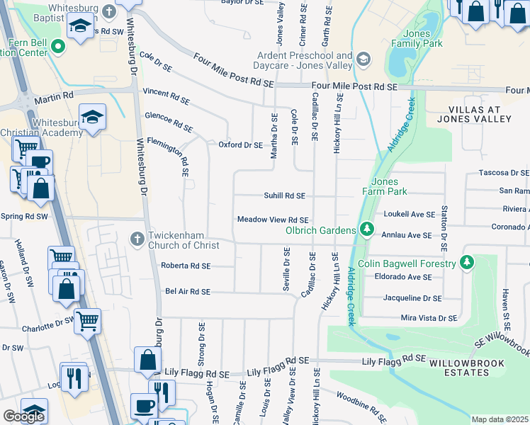 map of restaurants, bars, coffee shops, grocery stores, and more near 511 Suhill Road Southeast in Huntsville