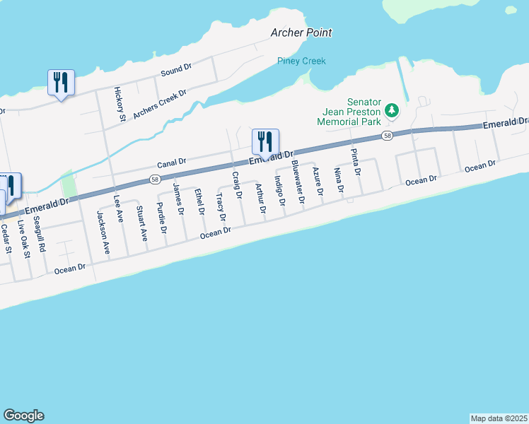 map of restaurants, bars, coffee shops, grocery stores, and more near 114 Arthur Drive in Emerald Isle
