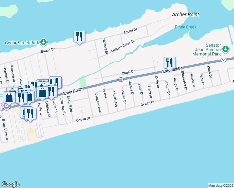 map of restaurants, bars, coffee shops, grocery stores, and more near 114 Stuart Ave in Emerald Isle