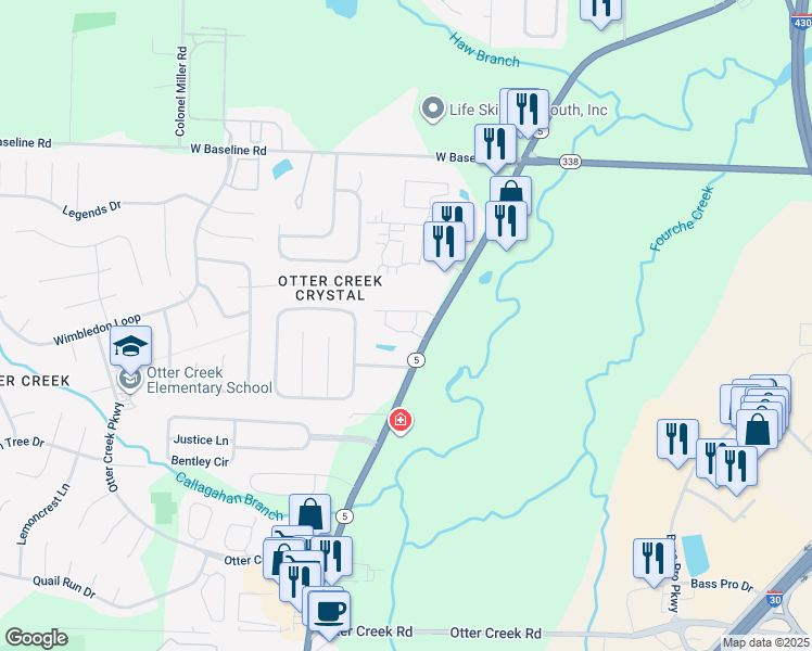 map of restaurants, bars, coffee shops, grocery stores, and more near 9400 Stagecoach Road in Little Rock