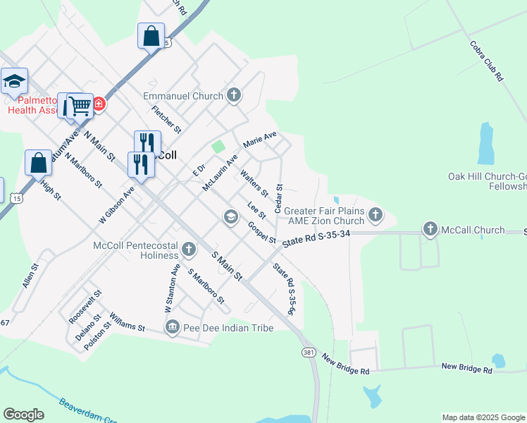 map of restaurants, bars, coffee shops, grocery stores, and more near 112 Lee Street in McColl