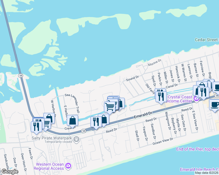 map of restaurants, bars, coffee shops, grocery stores, and more near 8720 Emerald Plantation Road in Emerald Isle