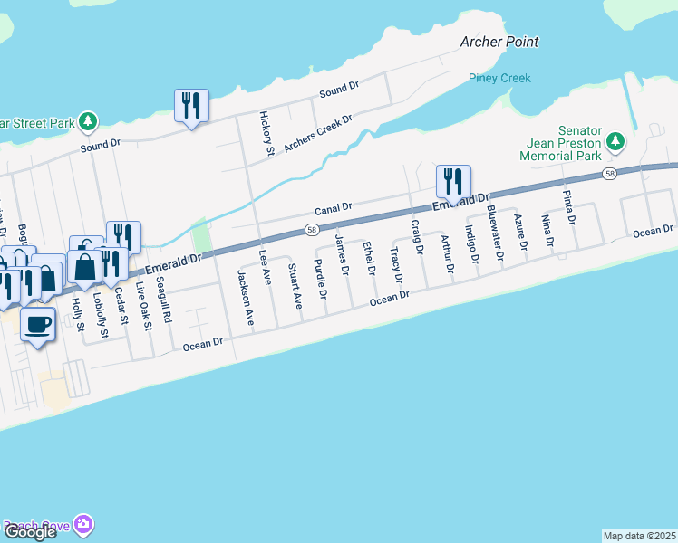 map of restaurants, bars, coffee shops, grocery stores, and more near 113 James Drive in Emerald Isle