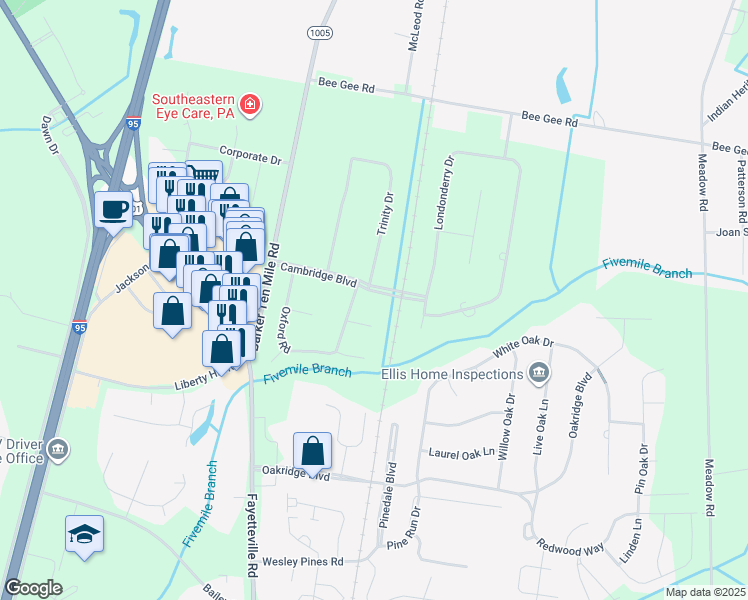 map of restaurants, bars, coffee shops, grocery stores, and more near 302 Cambridge Boulevard in Lumberton