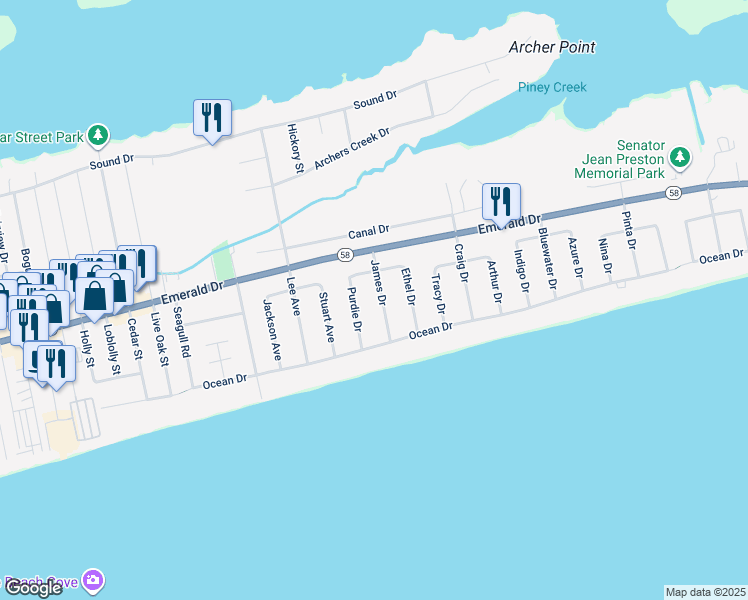 map of restaurants, bars, coffee shops, grocery stores, and more near 113 James Drive in Emerald Isle