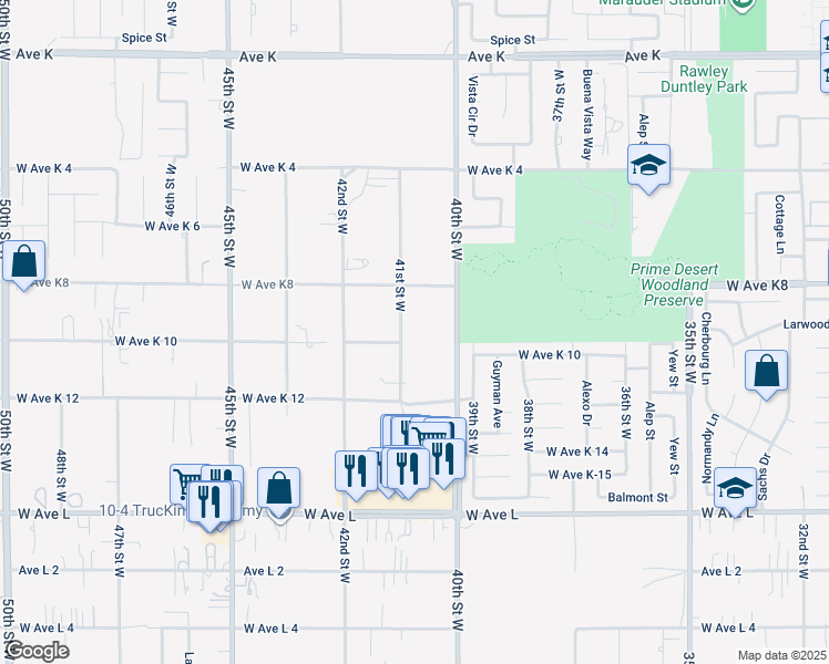 map of restaurants, bars, coffee shops, grocery stores, and more near 43112 41st Street West in Lancaster