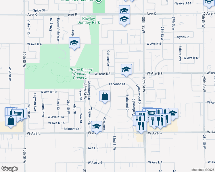 map of restaurants, bars, coffee shops, grocery stores, and more near 3230 Larwood Street in Lancaster
