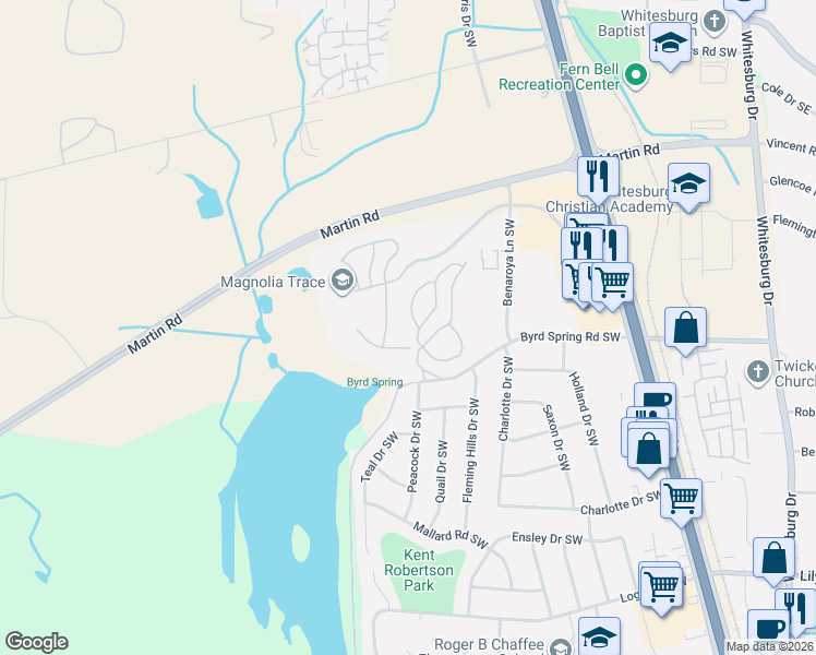 map of restaurants, bars, coffee shops, grocery stores, and more near 2022 Woodlawn Drive Southwest in Huntsville