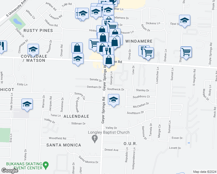 map of restaurants, bars, coffee shops, grocery stores, and more near 8 Gourgues Lane in Little Rock