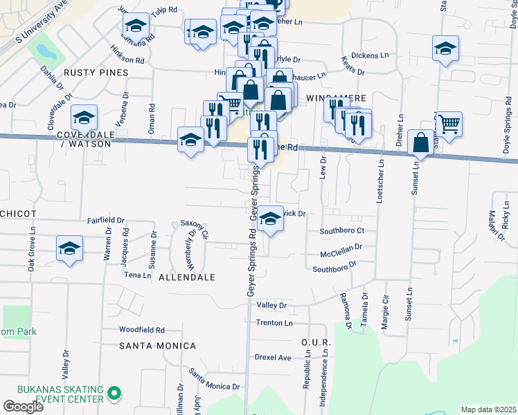 map of restaurants, bars, coffee shops, grocery stores, and more near 8 Gourgues Lane in Little Rock
