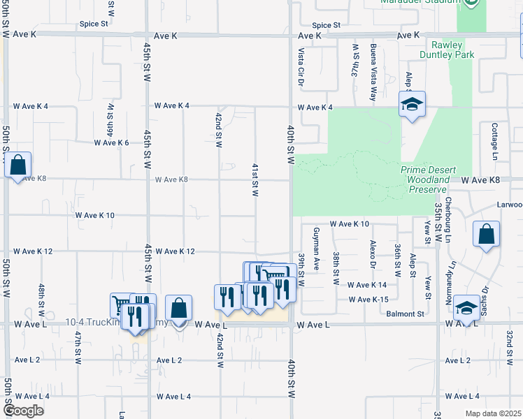 map of restaurants, bars, coffee shops, grocery stores, and more near 43112 41st Street West in Lancaster