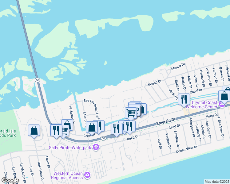 map of restaurants, bars, coffee shops, grocery stores, and more near 8808 Sound View Court in Emerald Isle