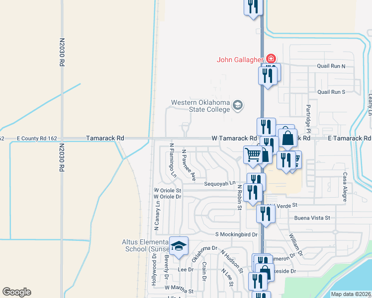map of restaurants, bars, coffee shops, grocery stores, and more near 609 West Comanche Trail in Altus
