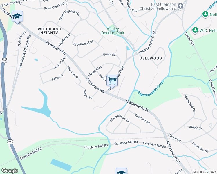 map of restaurants, bars, coffee shops, grocery stores, and more near 224 Holly Avenue in Clemson